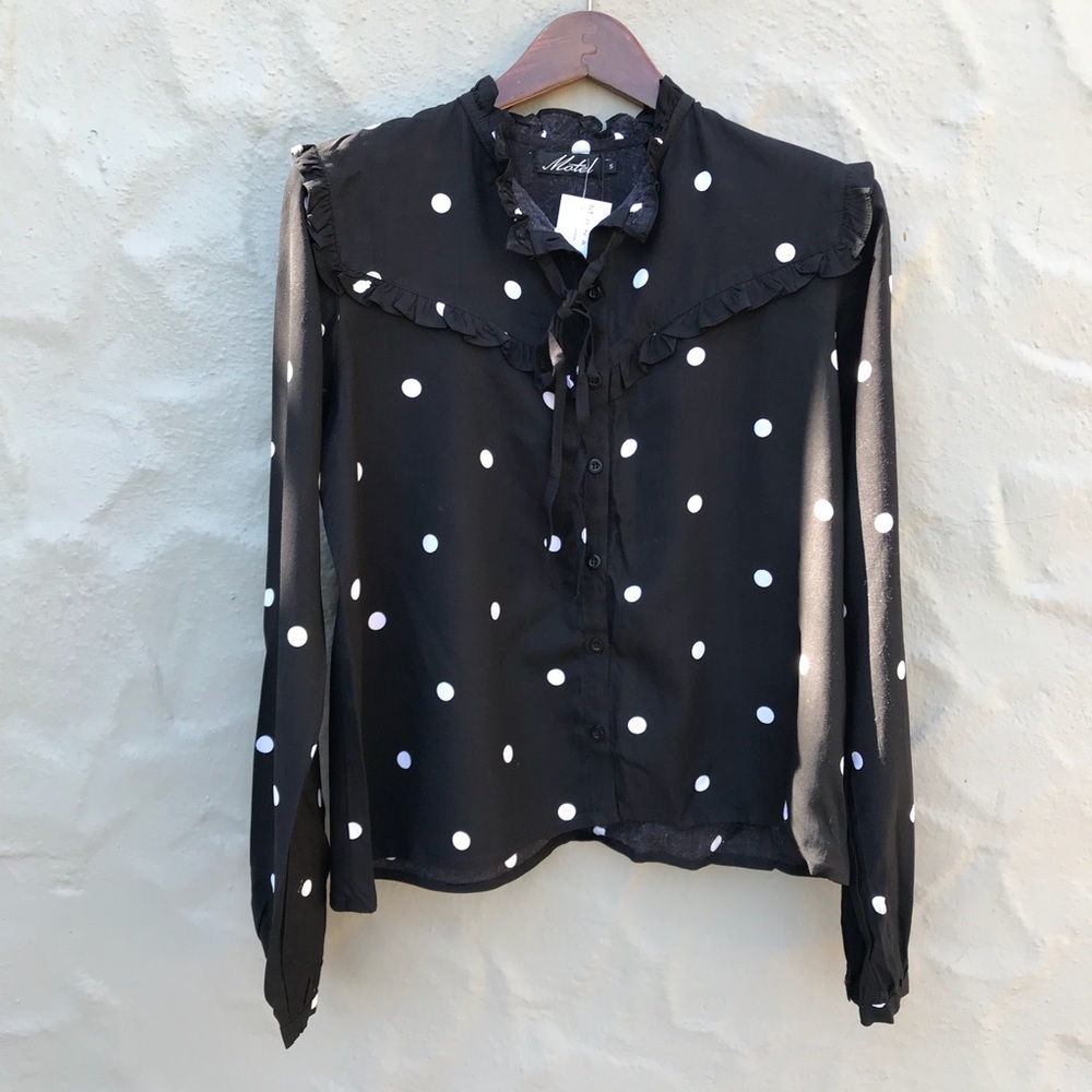NEW. Motel Polka Dot Ruffle Tie Neck Top.